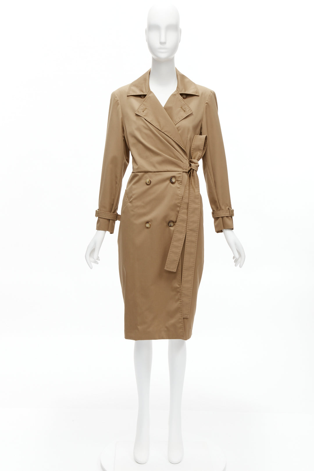 MAX MARA 100% virgin wool tan wrap tie trench coat dress IT42 M