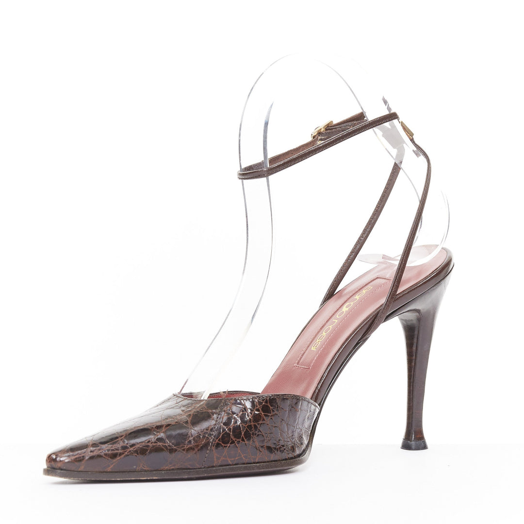 SERGIO ROSSI brown croc embossed leather high heel ankle strap pumps EU37 US7