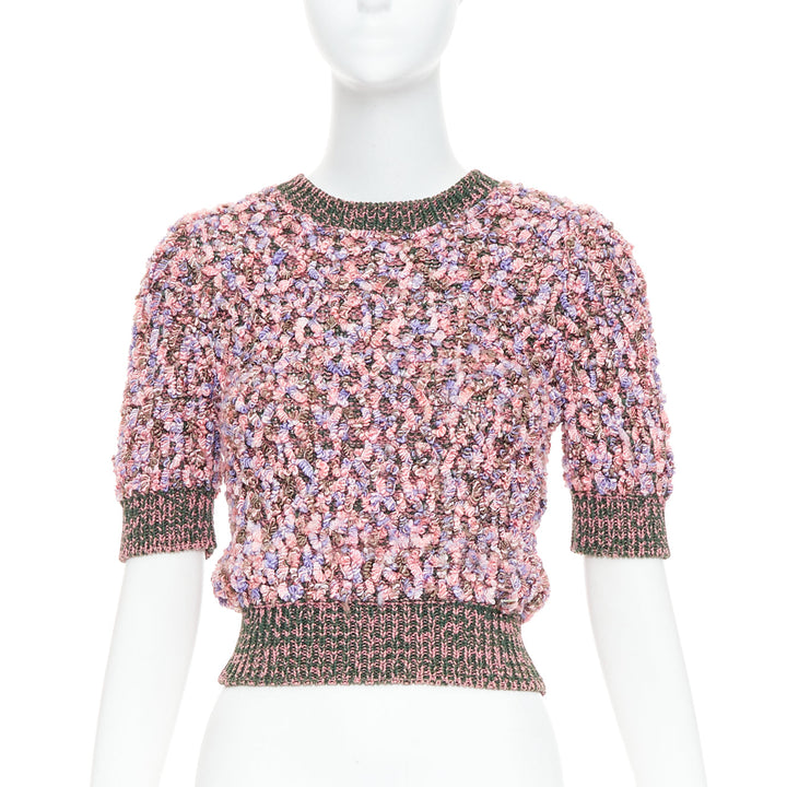 CHANEL 2015 pink green textured boucle knit CC resin crop sweater FR34 XS