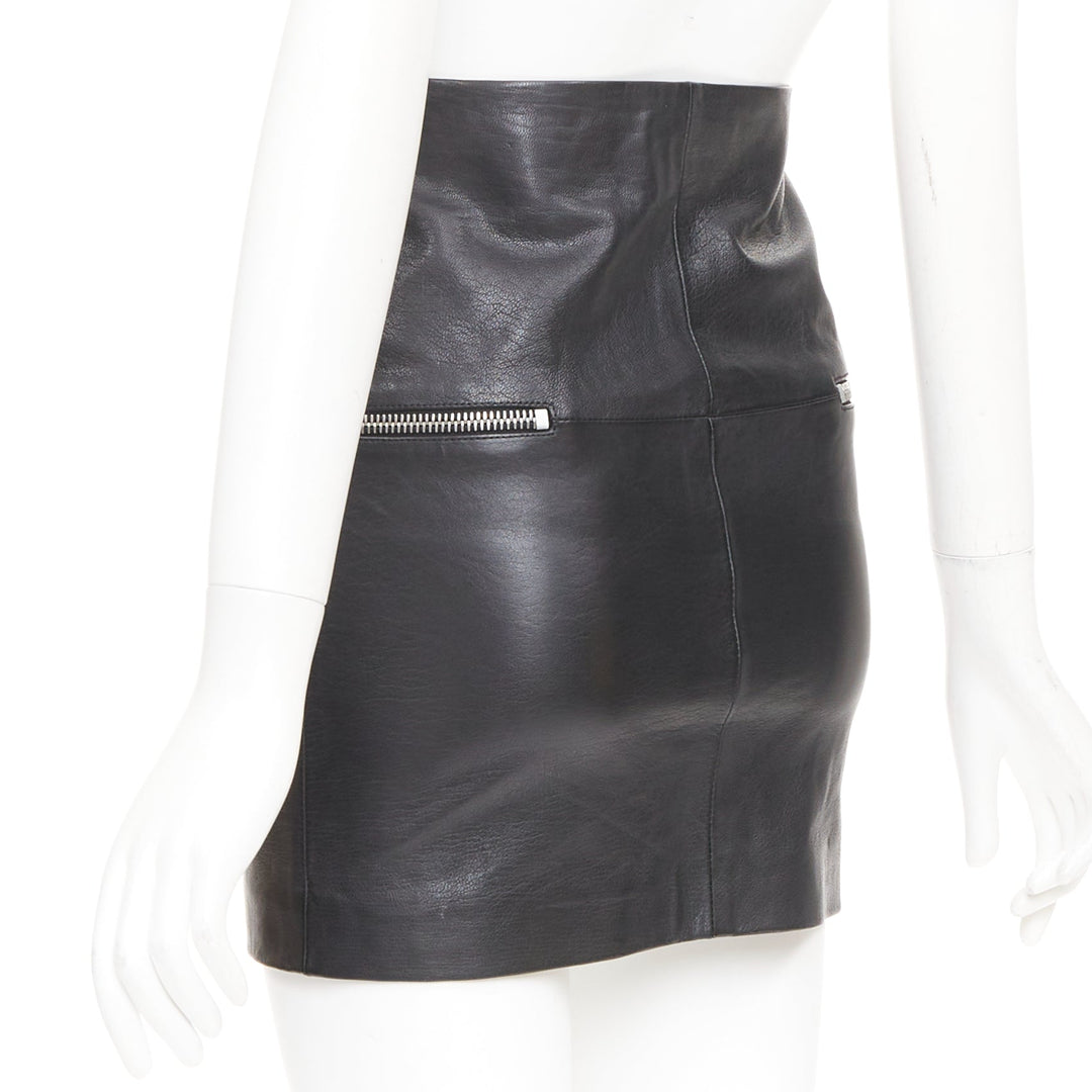 SAINT LAURENT 2014 lambskin leather exposed silver zip high waist skirt FR 34 XS