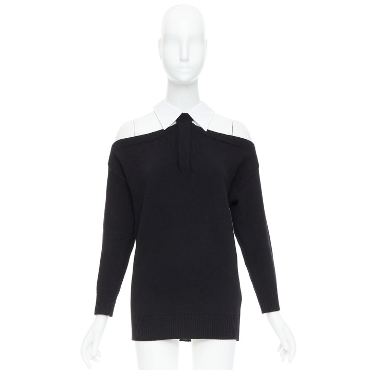 VALENTINO 2023 black 100% virgin wool collar cold shoulder sweater XS