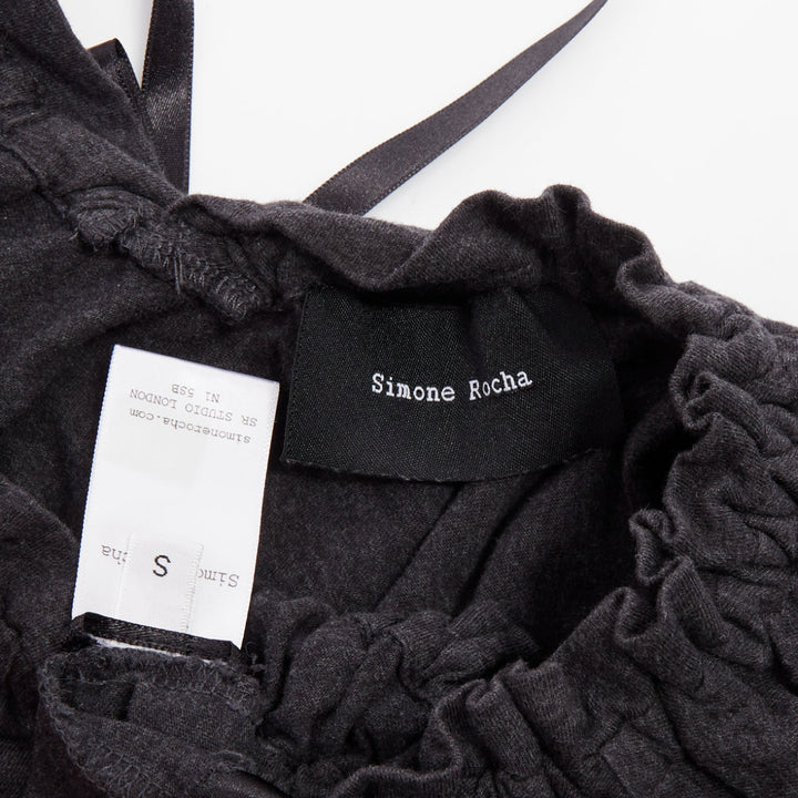 SIMONE ROCHA gray cold shoulder ruched ribbon detail puff sleeve cotton top S