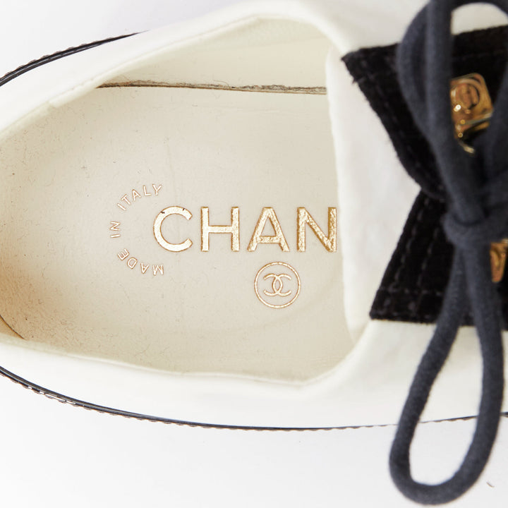 CHANEL 21B black white nylon patent leather trim CC brogue creepers EU38