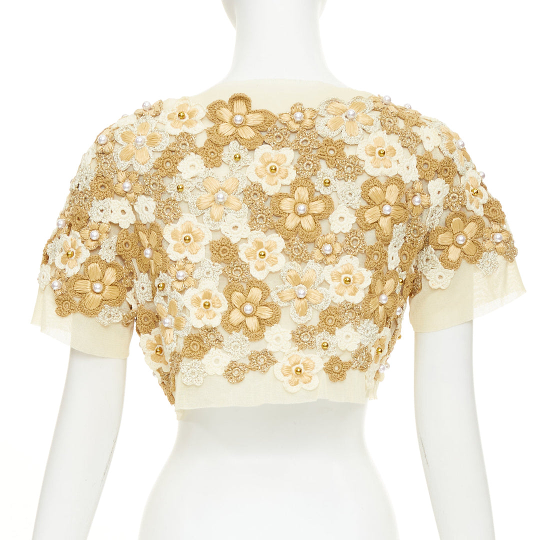 MOSCHINO Cheap Chic floral crochet faux pearl cropped bolero cardigan IT46 XL