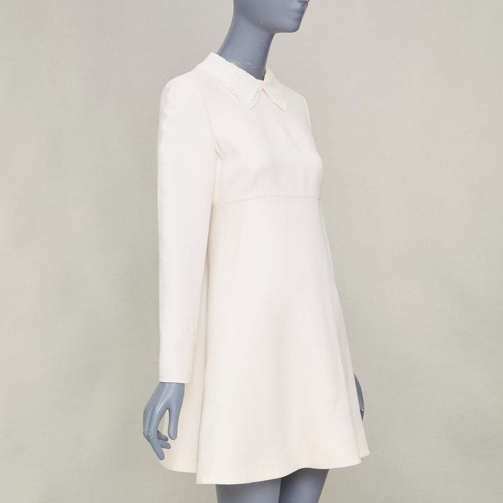 VALENTINO Bridal L'Amour ivory wool crepe silk lace collar A-line dress IT42 M