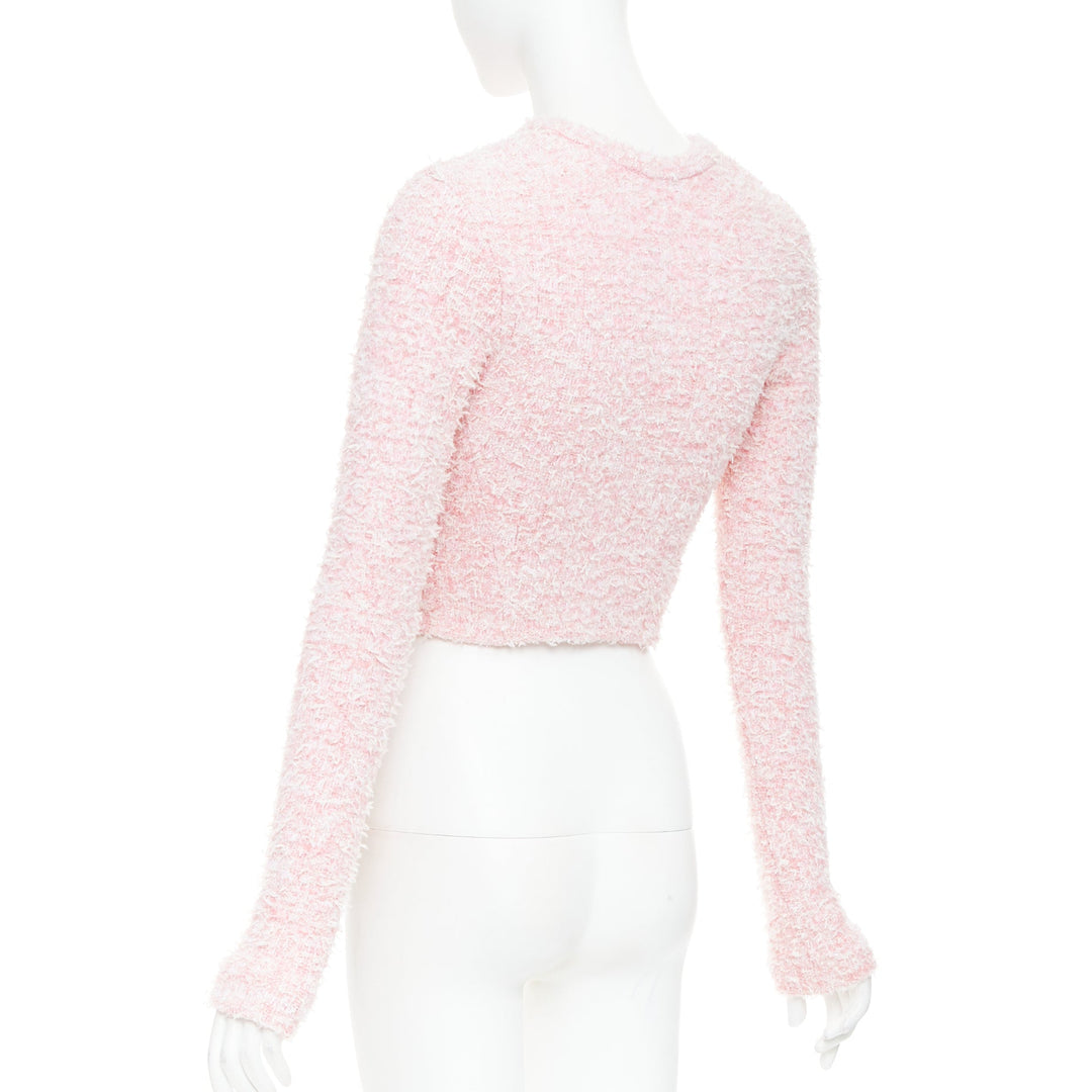 BALENCIAGA Demna 2024 pink cotton blend tweed BB logo cropped jacket XS