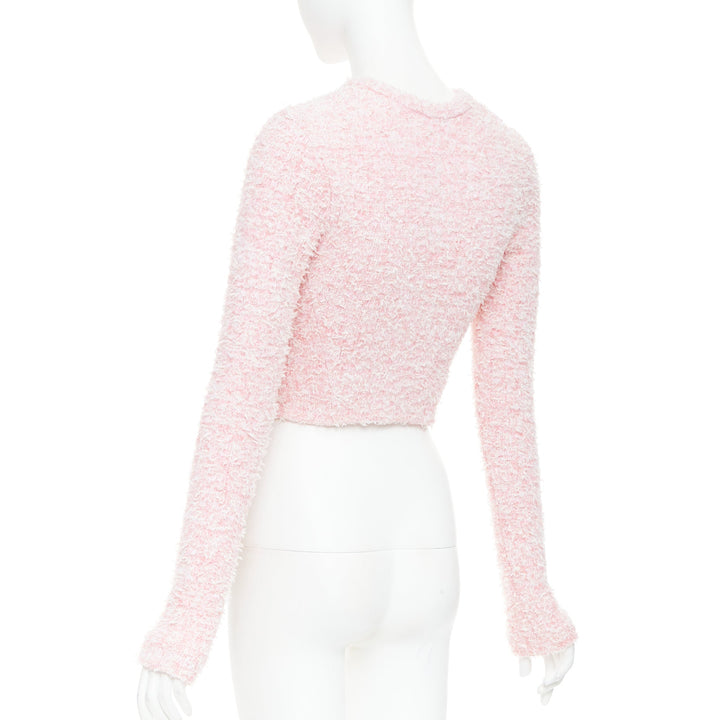 BALENCIAGA Demna 2024 pink cotton blend tweed BB logo cropped jacket XS