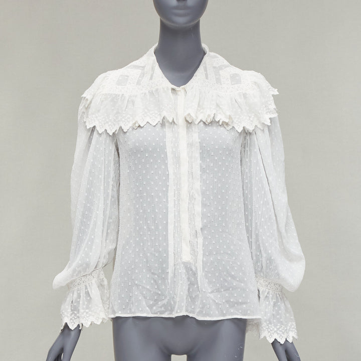ETRO white textured plisse ruffle collar cuff boho peasant blouse IT38 XS