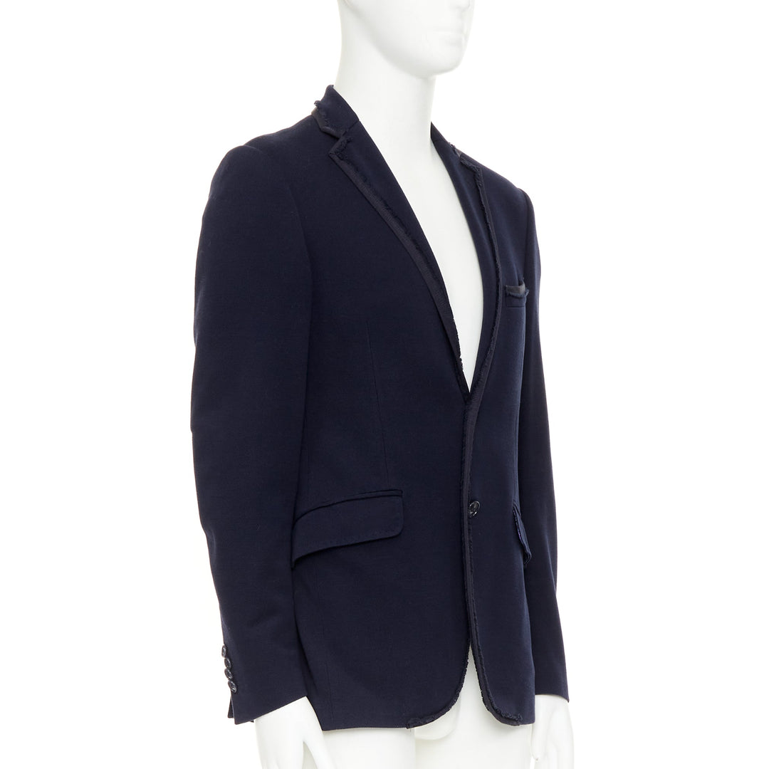 ETRO New Jersey navy cotton raw edge grosgrain paisley lined blazer IT48 M
