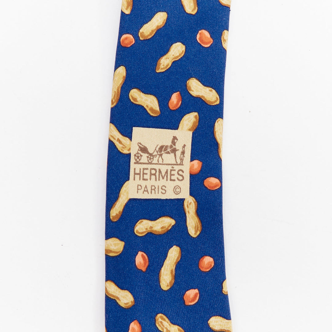 HERMES 7475 HA blue brown peanut shell nuts print silk tie