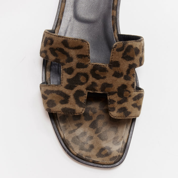HERMES Oran H logo signature brown leopard print leather sandals EU37
