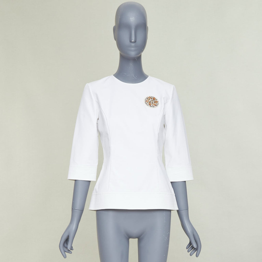DIOR 2013 off white gold rhinestone embellished badge cotton peplum top FR38 M