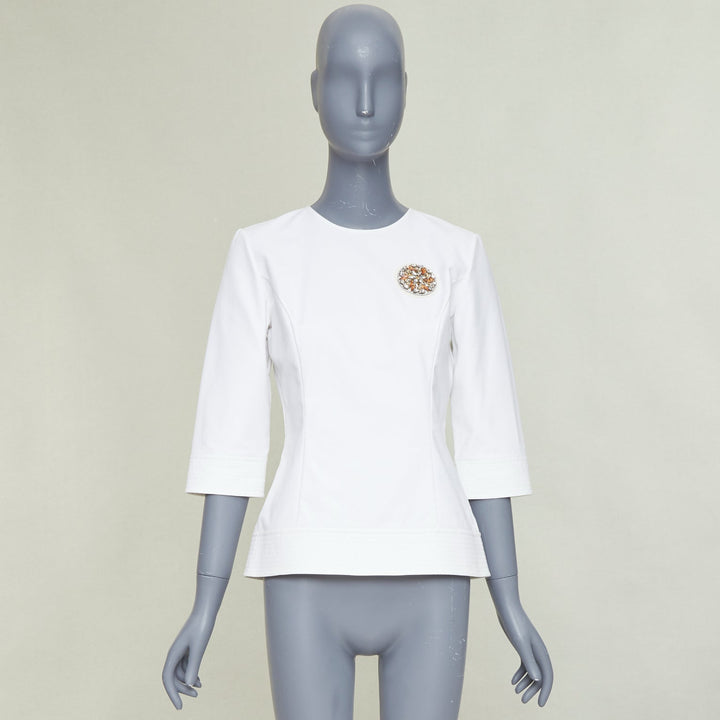 DIOR 2013 off white gold rhinestone embellished badge cotton peplum top FR38 M