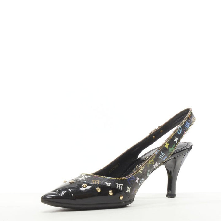 LOUIS VUITTON black multicolour monogram gold stud slingback pump EU36.5