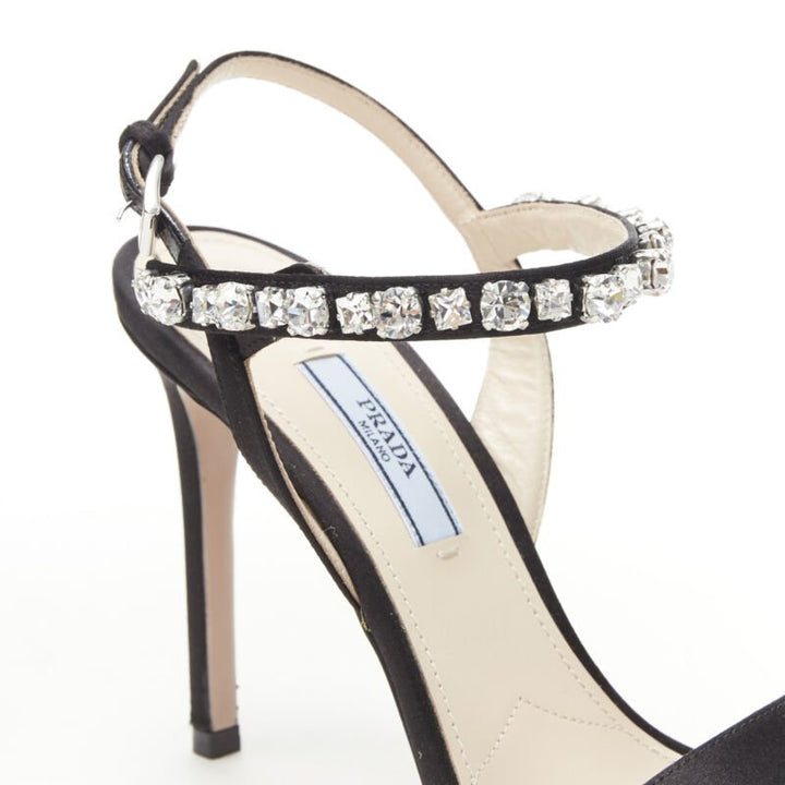 PRADA black satin crystal embellished strappy high heel sandals EU37
