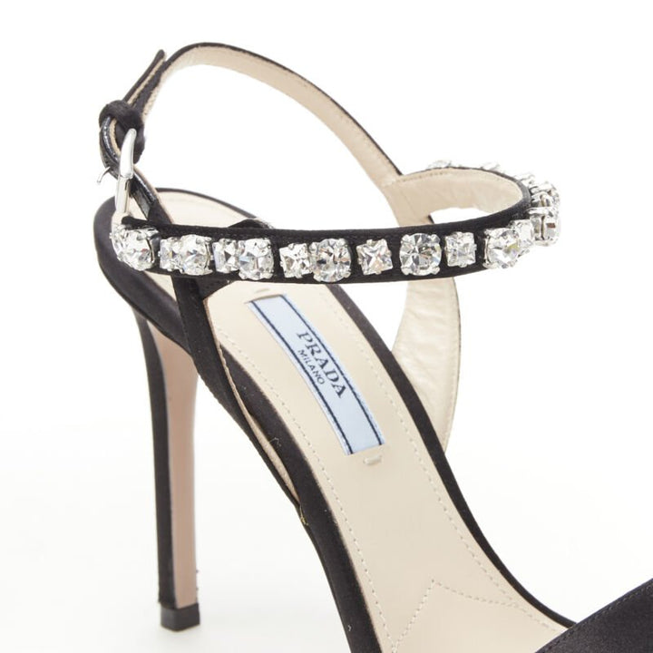 PRADA black satin crystal embellished strappy high heel sandals EU37.5