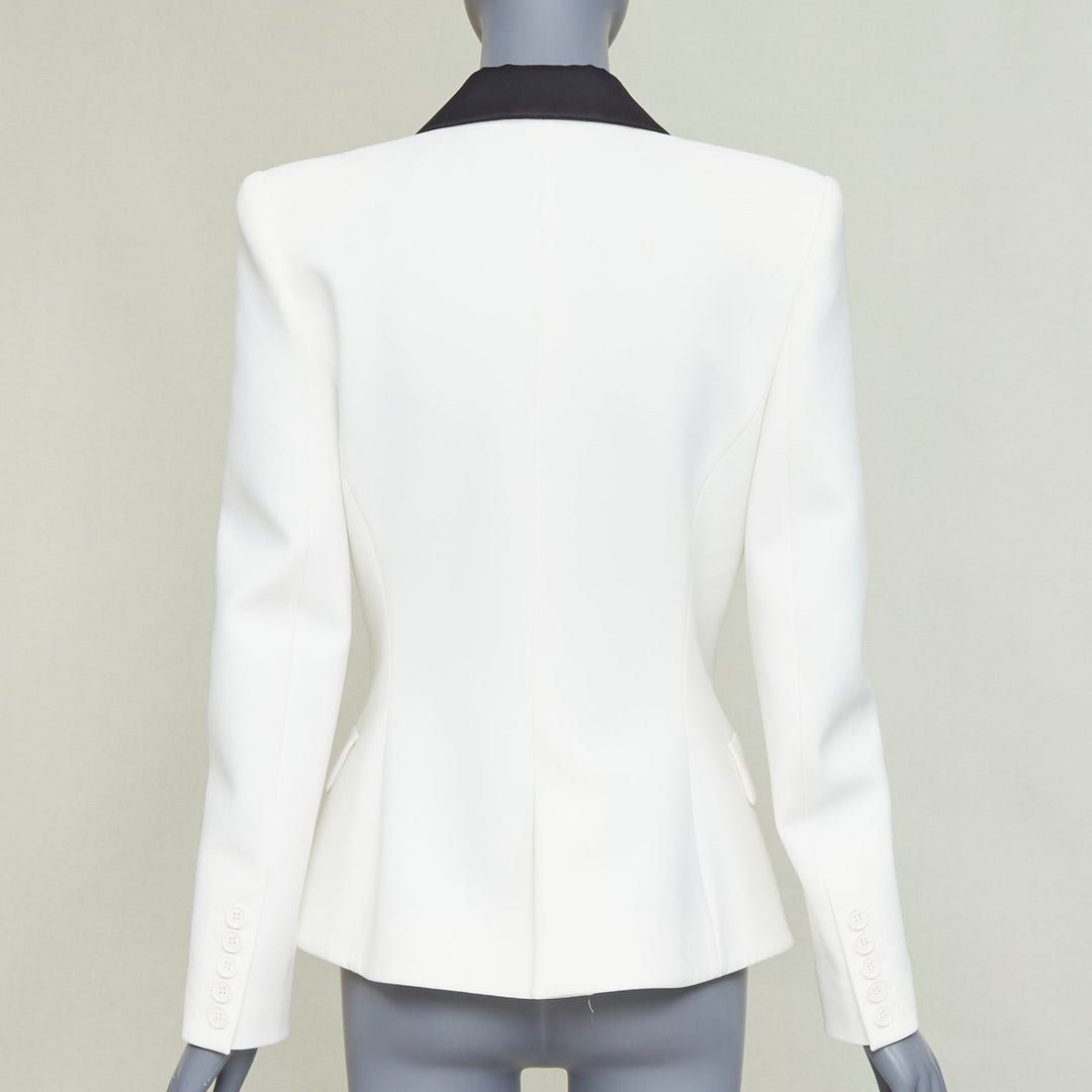 ALEXANDRE VAUTHIER off white black satin lapel double breasted tuxedo jacket