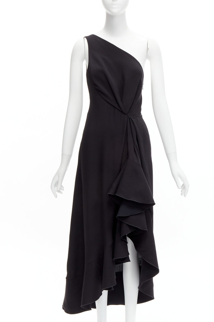 DION LEE black silk one shoulder drape front asymmetric ruffle dress AUS10 M