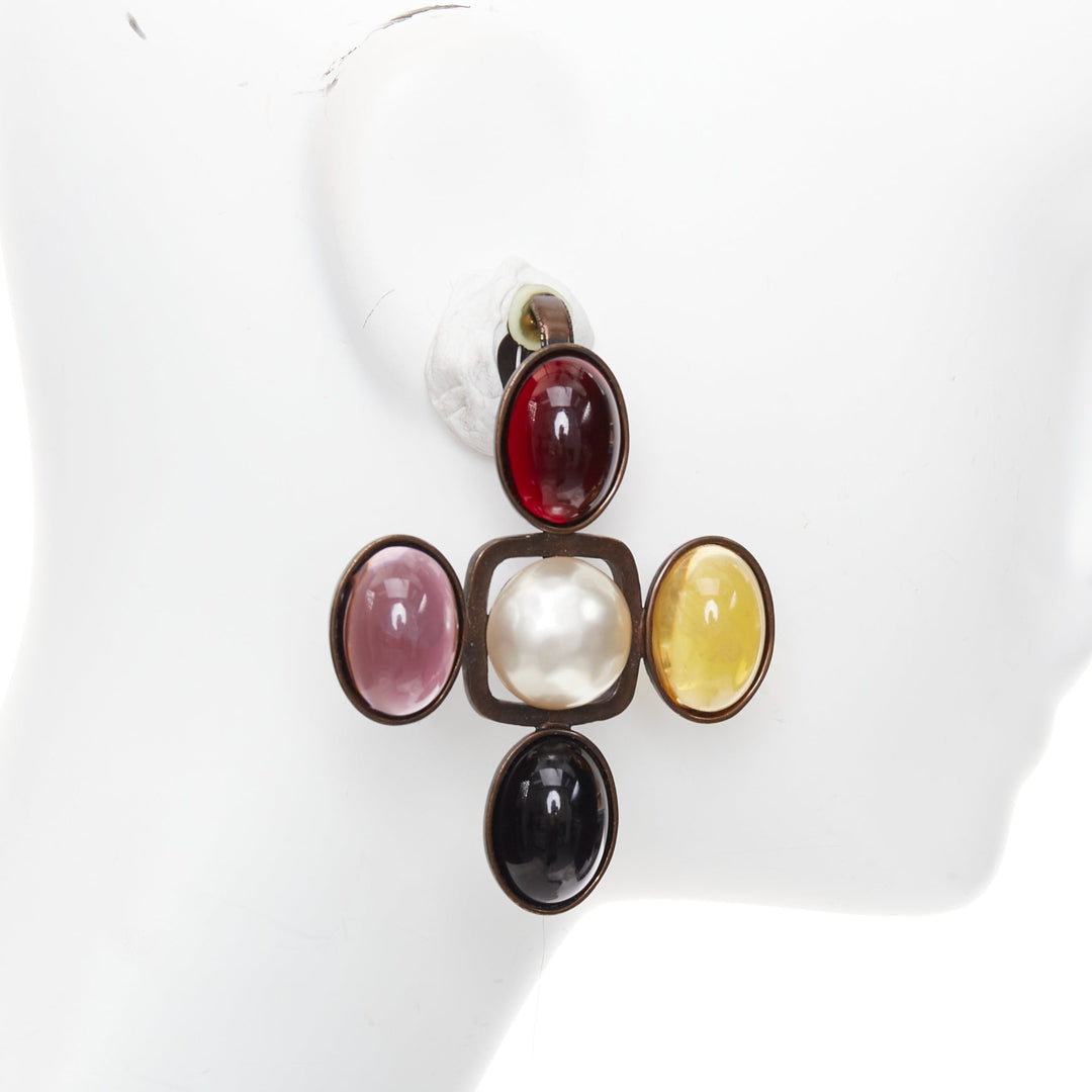 rare SAINT LAURENT Runway Resin Cabochon Cross aged bronze clip earrings Pair