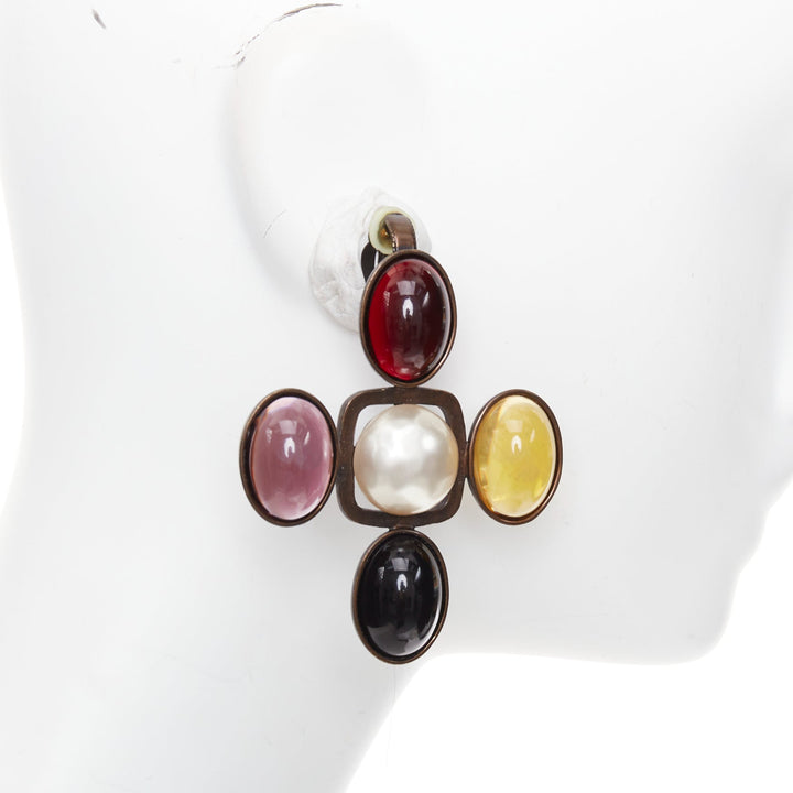 rare SAINT LAURENT Runway Resin Cabochon Cross aged bronze clip earrings Pair