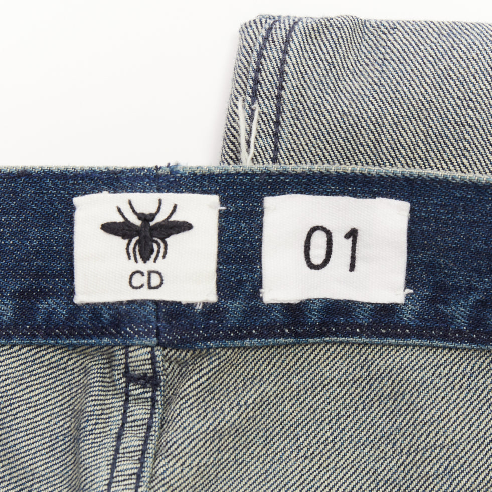 DIOR CD 01 blue denim logo tape cuff frayed boyfriend cropped jeans FR36 S