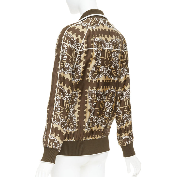 VALENTINO brown hue 100% silk logo scarf print collared track jacket IT38 XS