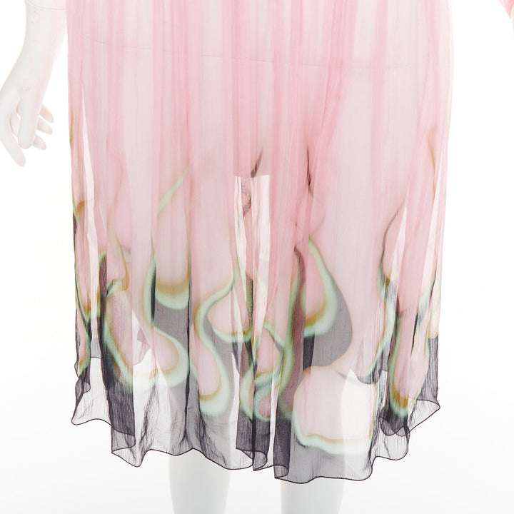 rare PRADA 2012 pink sheer silk chiffon green black flame knee dress IT42 M