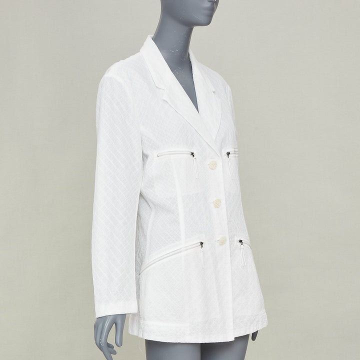 ISSEY MIYAKE Vintage white lattice grid stitch zippered pocket cotton jacket L