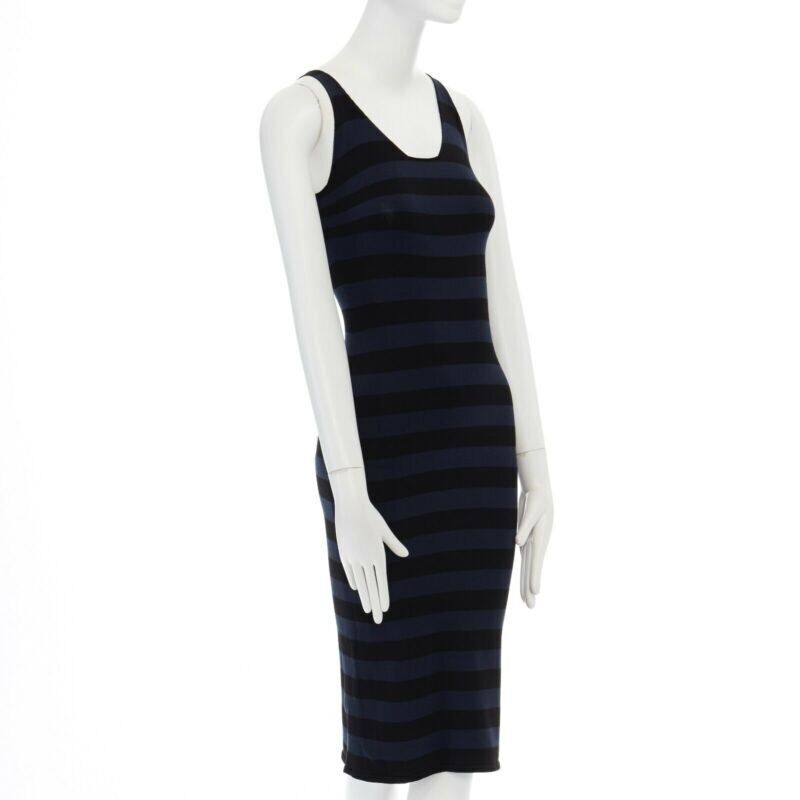 TOMAS MAIER blue black stripe raw cut edge sleeveless stretch casual dress US2 S