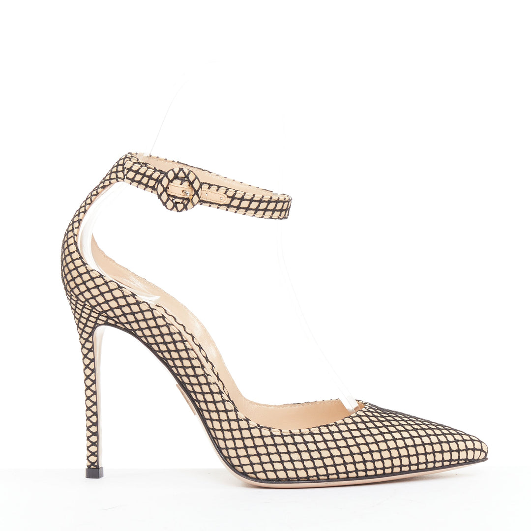 GIANVITO ROSSI Sofia nude nappa black fishnet ankle straps pumps EU37.5