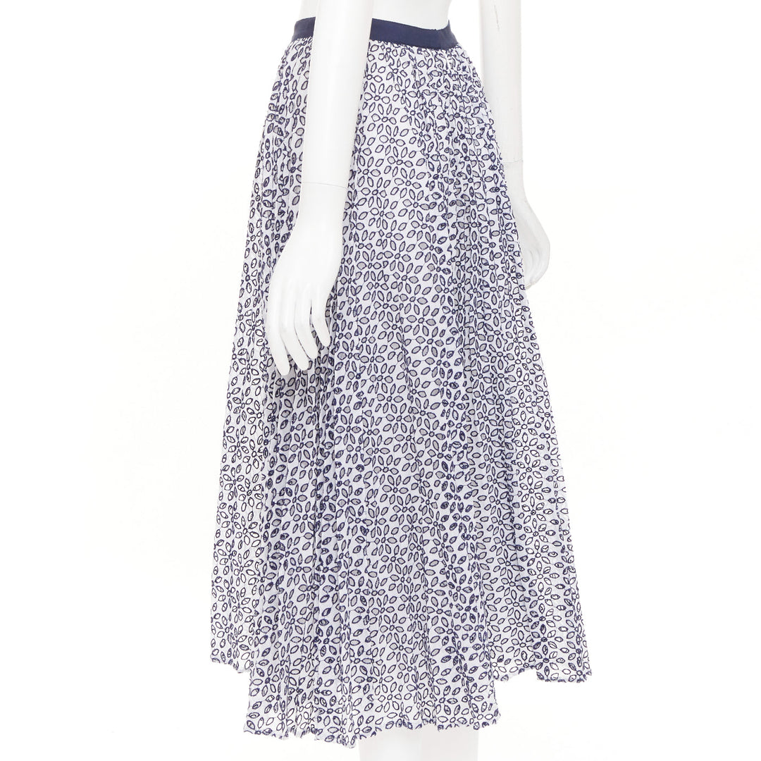 OSCAR DE LA RENTA S17 navy white cotton eyelet floral embroidered skirt XS US0