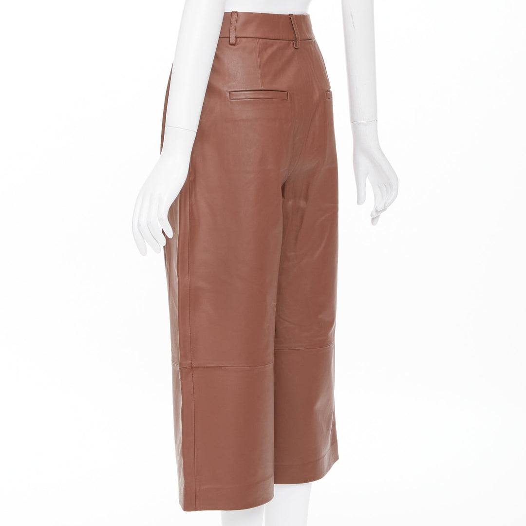TIBI reddish brown lambskin leather pleated high waisted cropped pants US00 XXS