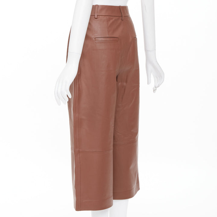 TIBI reddish brown lambskin leather pleated high waisted cropped pants US00 XXS