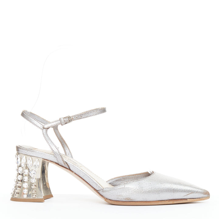MIU MIU silver leather jewel embellished block heel pump EU35.5
