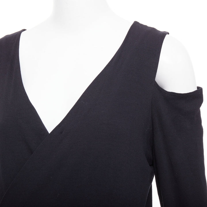 DONNA KARAN black jersey cold shoulder long sleeve side drape dress L