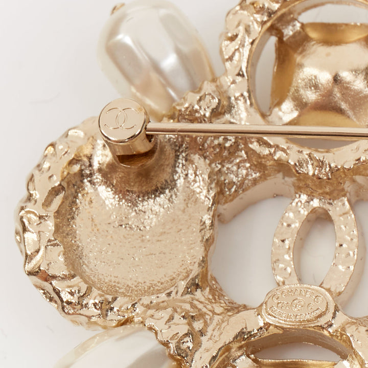CHANEL F22C champagne gold tone CC logo crystal pearl quadrant cluster brooch