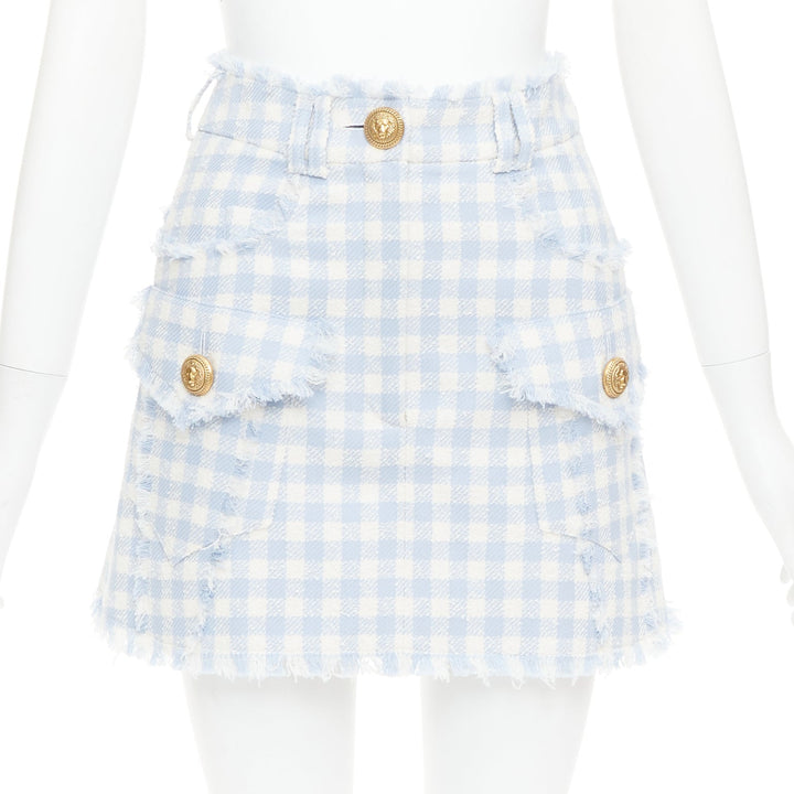 BALMAIN light blue white checked cotton tweed cargo pocket skirt FR34 XS