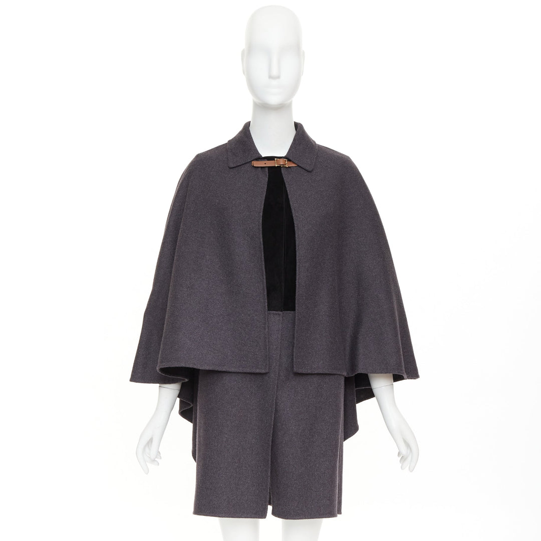 VALENTINO dark grey wool angora brown leather cape sleeve layered coat IT38 XS
