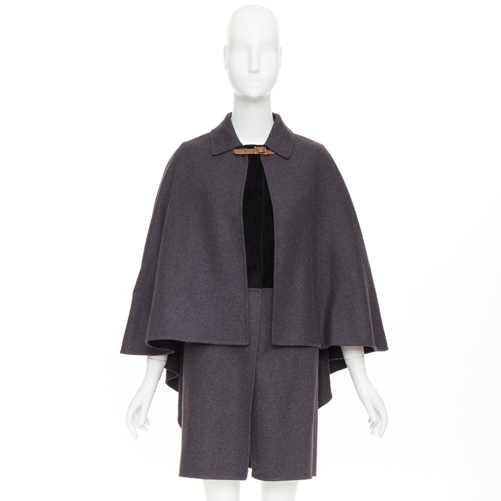 VALENTINO dark grey wool angora brown leather cape sleeve layered coat IT38 XS