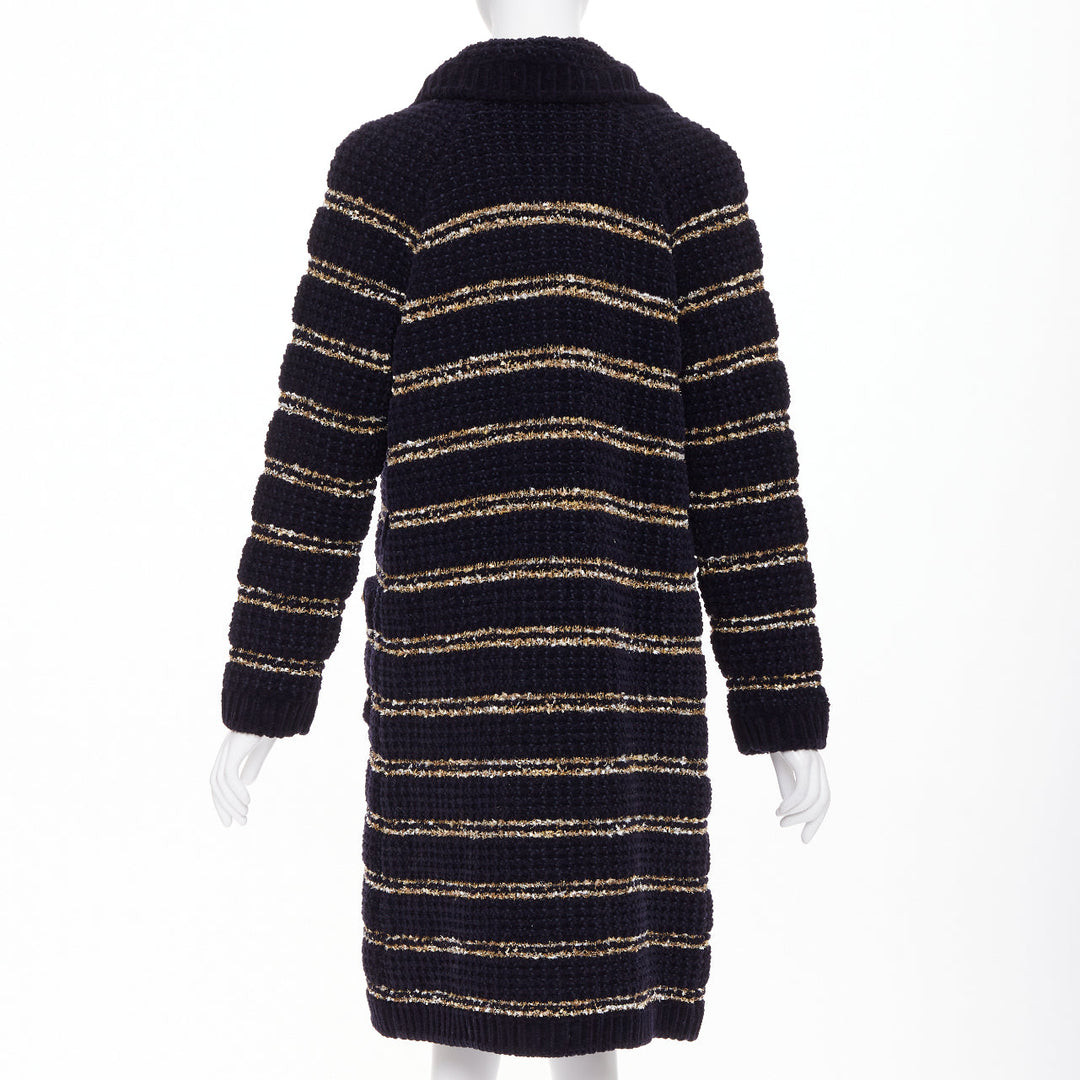 CHANEL 20A Runway navy gold wool blend tweed striped knit cardigan coat FR34 XS