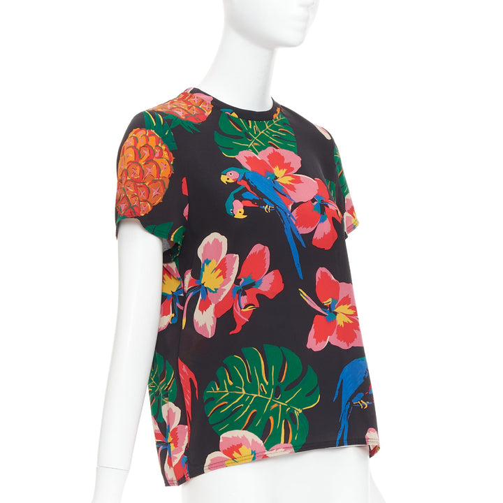VALENTINO Tropical Couture 100% silk black parrot floral print crew top M