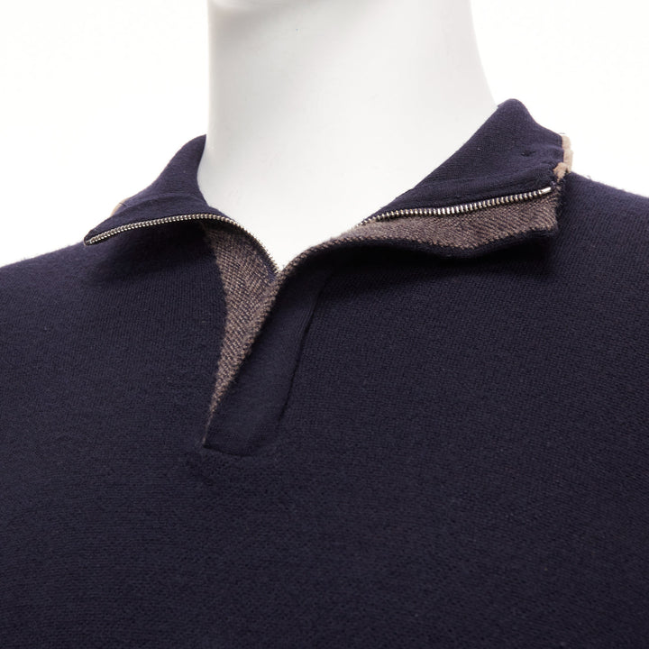 ERMENEGILDO ZEGNA wool cashmere navy grey button detail half zip sweater IT50 L