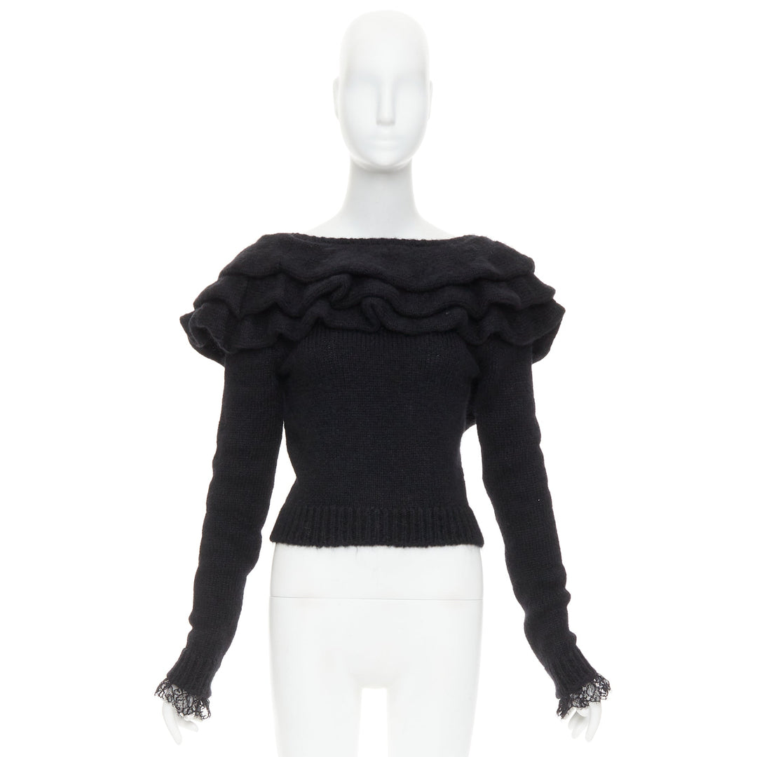 PHILOSOPHY DI LORENZO SERAFINI black ruffle bateau neck jumper sweater IT38 XS