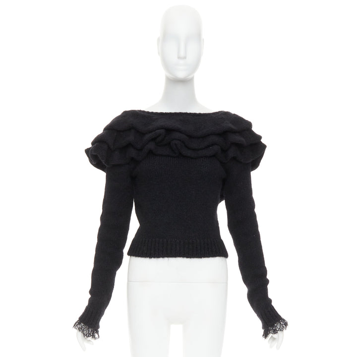 PHILOSOPHY DI LORENZO SERAFINI black ruffle bateau neck jumper sweater IT38 XS