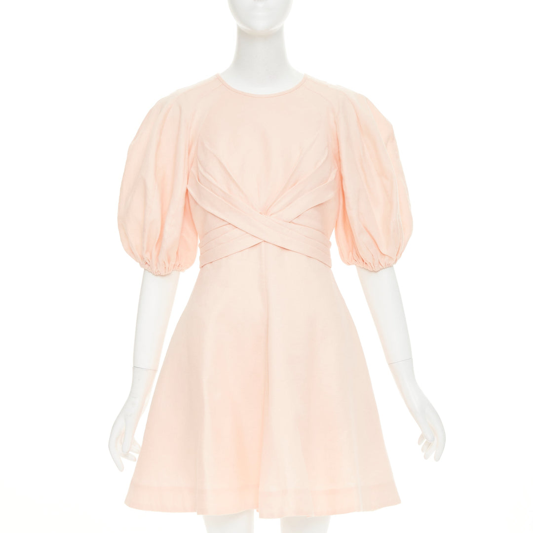 ZIMMERMANN 2022 Wrap Bodice soft blush pink linen puff sleeve dress US1 XS