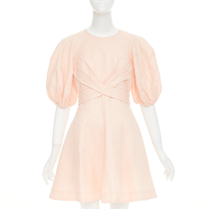 ZIMMERMANN 2022 Wrap Bodice soft blush pink linen puff sleeve dress US1 XS