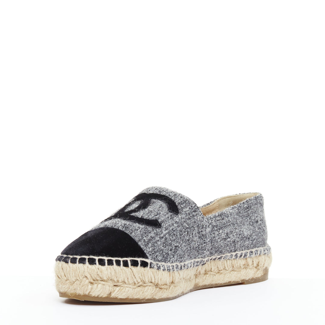 CHANEL grey tweed velvet CC logo toe cap espadrille shoes EU38