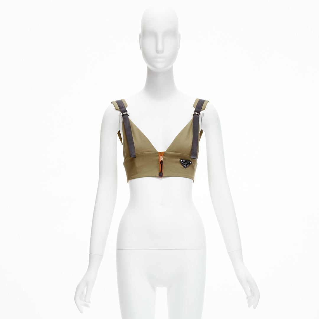 PRADA 2021 orange zip khaki green technical strap bra top IT40 S