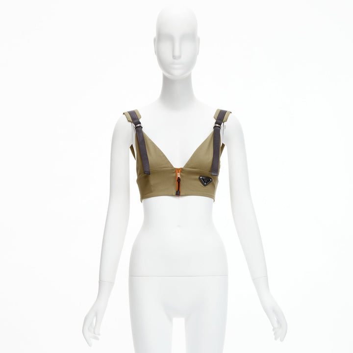 PRADA 2021 orange zip khaki green technical strap bra top IT40 S