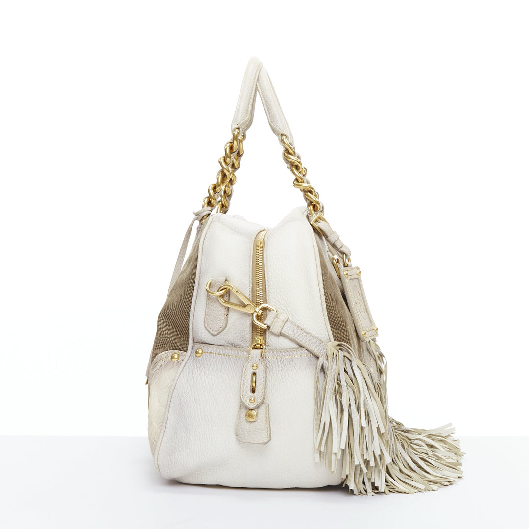 PRADA Canapa Jacquard Logo Cervo Fringe Bowler Corda Talco canvas bag